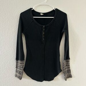 Free People Black Long Sleeve Top with Gray Patterned Cuffs